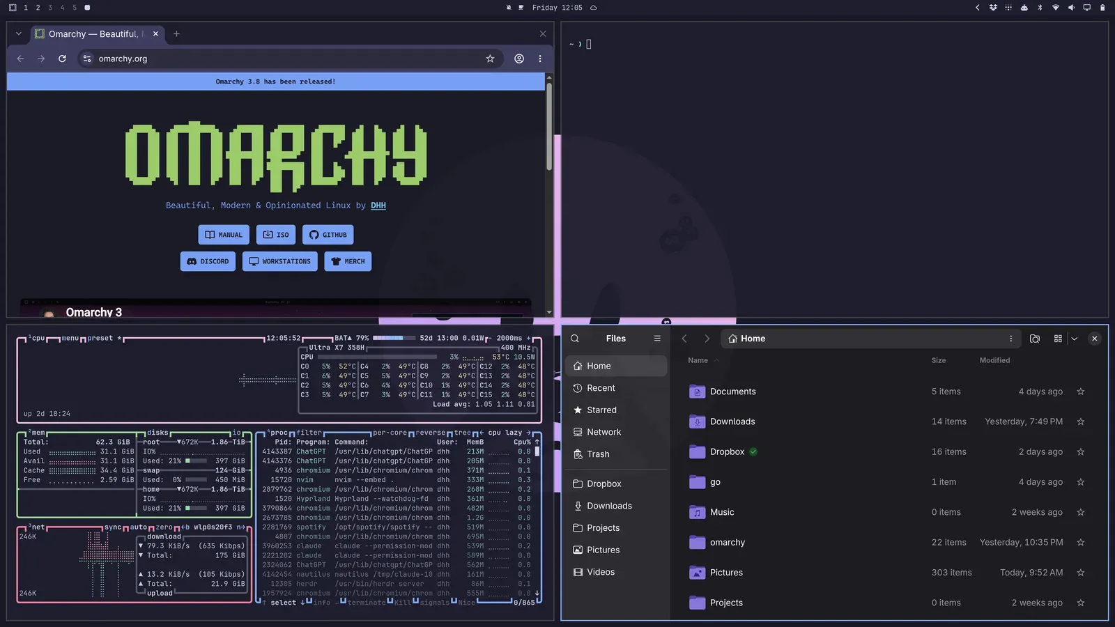 Four terminals and an editor tiled in four quadrants