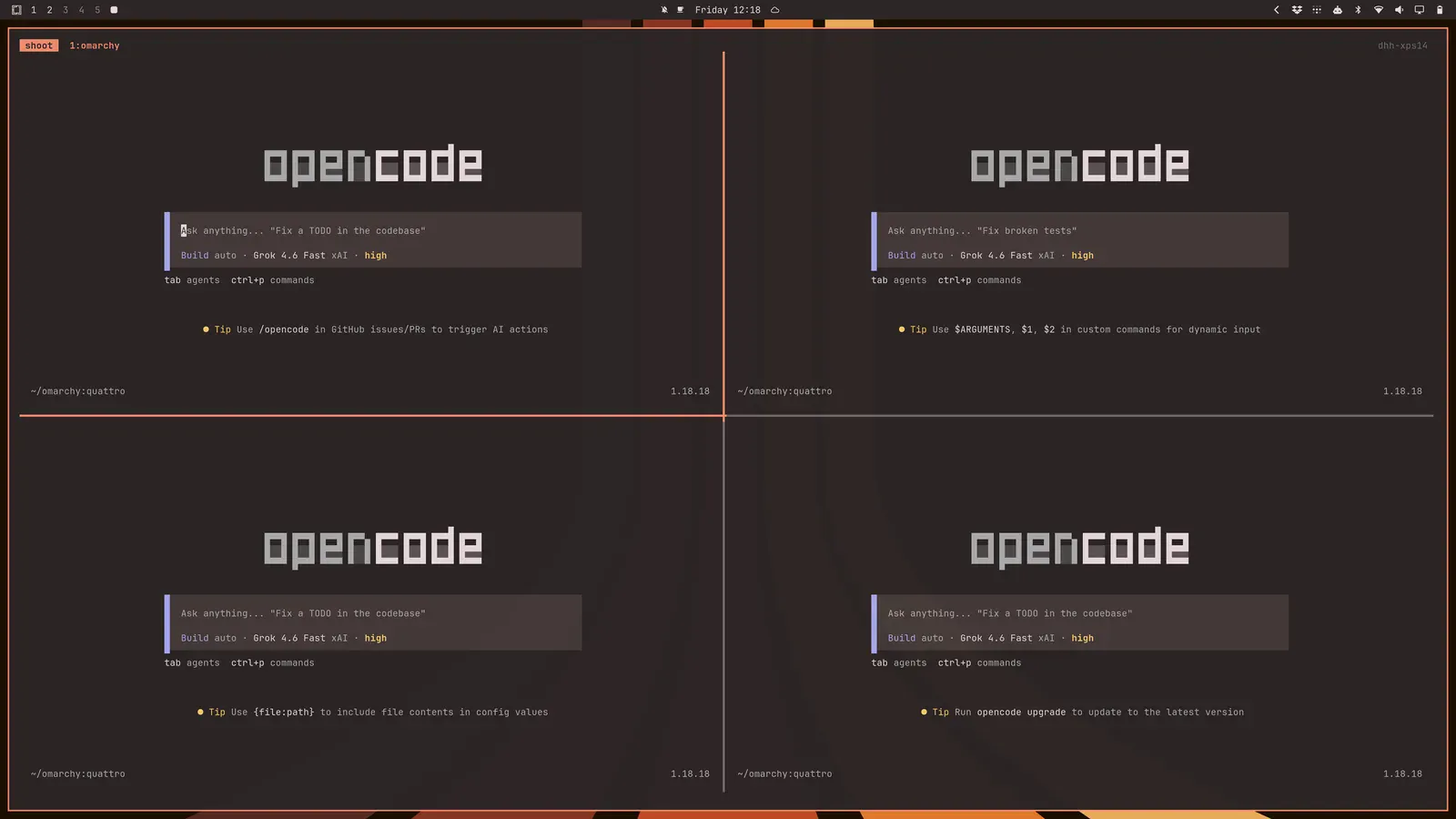A tmux session split into several panes